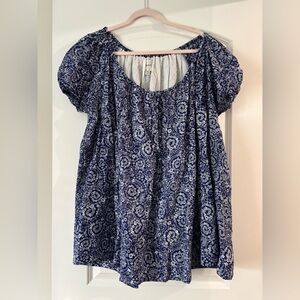 Anthropologie Maeve Navy and White Floral Puff-Sleeve Mini Dress